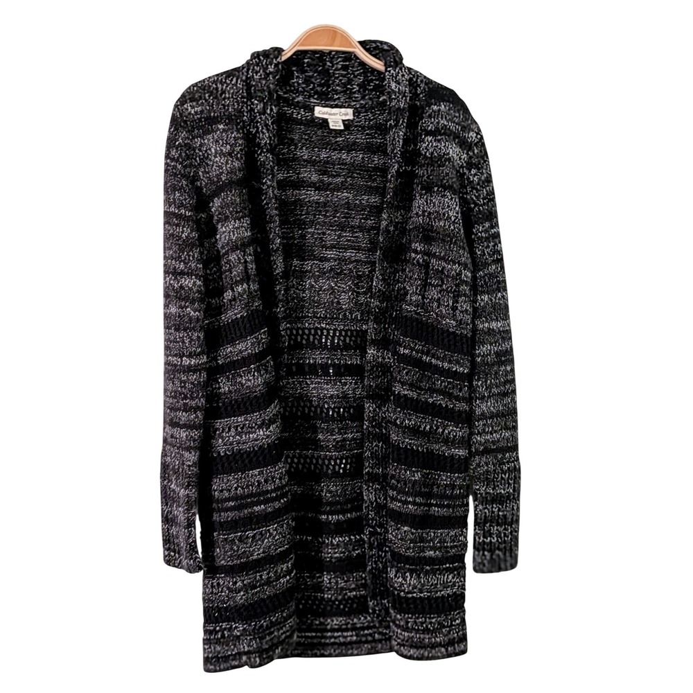 Coldwater Creek Open Front Cardigan Sweater Black Grey Marled Knit Women M 10 12